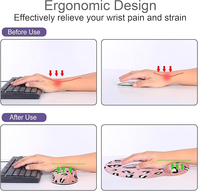 Mouse Pad + Desk Mat + Keyboard Wrist Rest + Coaster 4 in 1 Set Cute Ergonomic Large Gaming Mousepad with Wrist Rest Support Desk Pad for Computer Laptop Office Home Decor-Glittery Leopards
