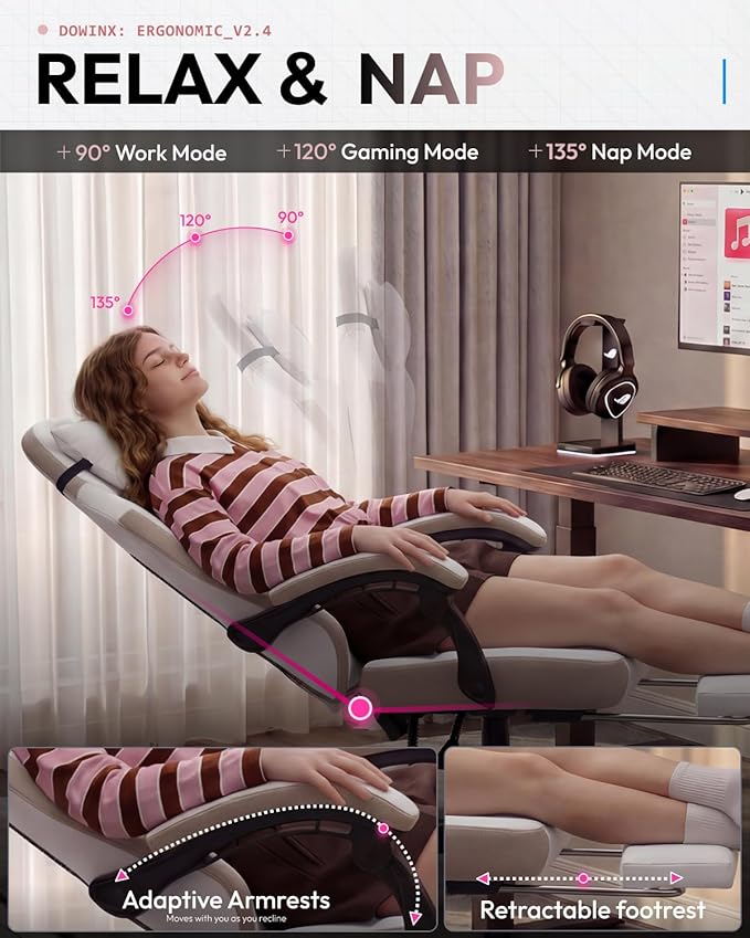 Dowinx Gaming Chair Fabric Gaming Chairs for Adults with Pocket Spring Cushions and Lumbar Support Ergonomic Massage Computer Chair with Footrest for Big and Tall Beige