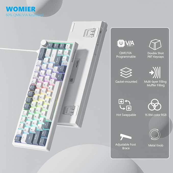 Womier VK66 PRO 60% Gaming Keyboard Wired QMK/VIA Creamy Mechanical Keyboard Hot Swappable Gasket Mount RGB Key Board &amp Translucent Keycaps (White)