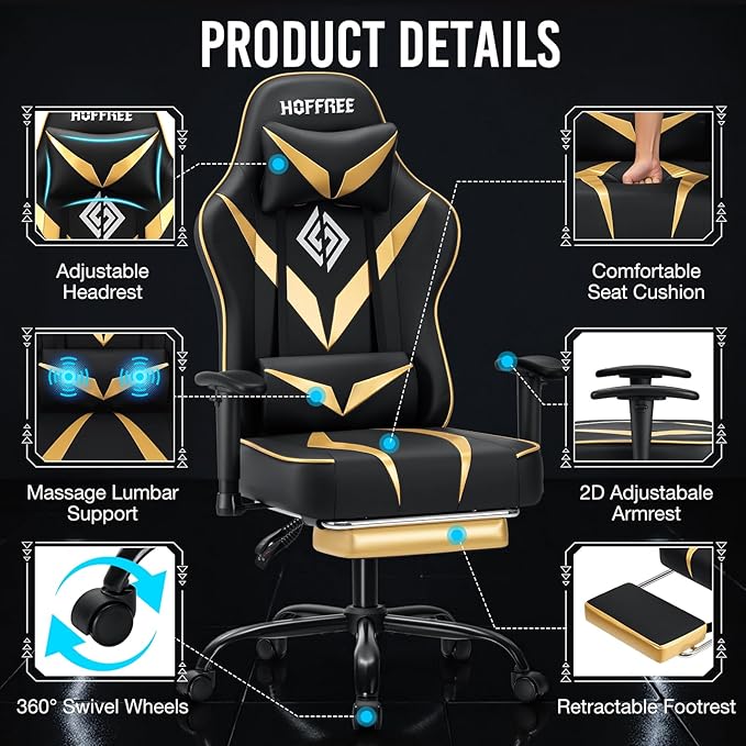 HOFFREE Massage Gaming Chair with Pocket Spring Cushion 155° Reclining Computer Gamer Chair with Footrest and Adjustable Armrests Ergonomic Video Game Chairs Gold and Black