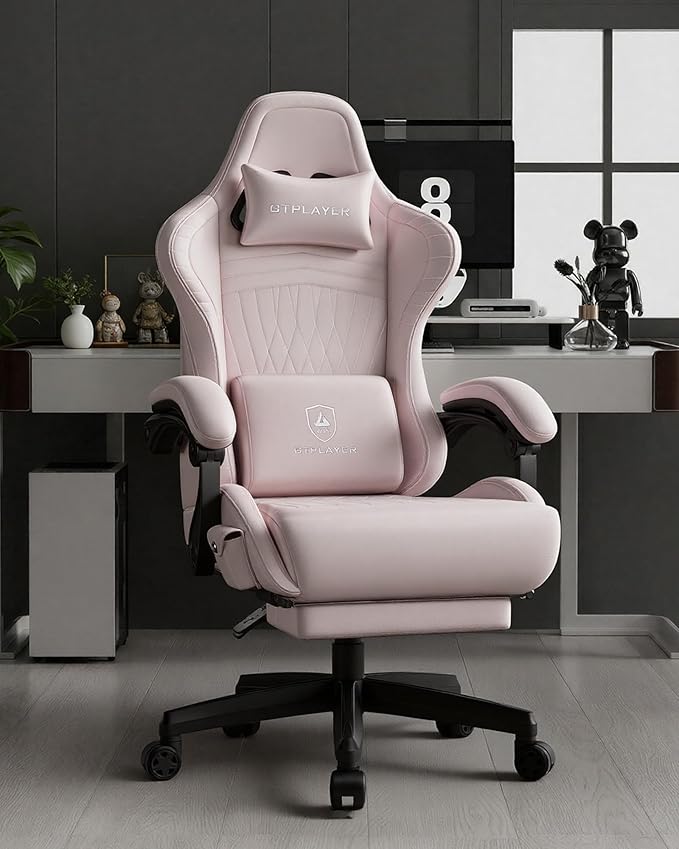 GTPLAYER Gaming Chair for Adults Ergonomic Video Game Chairs Footrest &amp Linkage Armrest Reclining High Back Silla Gamer with Speakers for Home Office Ace Pro Pink(Velvet)