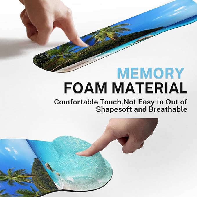 Arttown Tropical Sunshine Beach Desk Mat Summer Ocean Mouse Pad Set 4 in 1 Ergonomic Design Large Desk Pad + Keyboard Wrist Rest + Mouse Wrist Rest + Coaster Suitable for Home Office Study Game