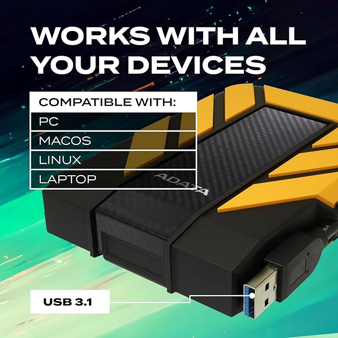 ADATA HD710 Pro - 1 TB External Hard Drive - Shockproof Waterproof &amp Dustproof - Durable Storage - For Gamers Students &amp Professionals - Mac PC &amp Linux Compatible - Yellow - AHD710P-1TU