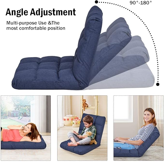 LDAILY Floor Chair Padded Gaming Sofa Chair with Adjustable Backrest and Thick Seat Cushion Cushioned Back Support Versatile Metal Frame Floor Seating Great for Reading Gaming Meditation (Blue)
