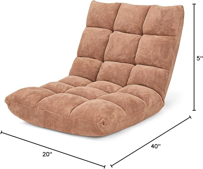 14-Position Floor Sofa Folding Gaming Sofa Chair Comfy Cushions &amp Study Steel Frame Angle Adjustable Sleeper Bed Couch Recliner (Tan)