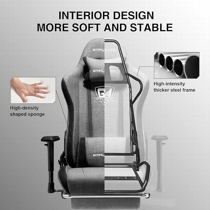 GTPLAYER Gaming Chair with Footrest Fabric Breathable Big and Tall Ergonomic Computer Chair 350 lbs with Adjustable Lumbar Support and Recliner High Back Game Chair for Office Gaming Grey
