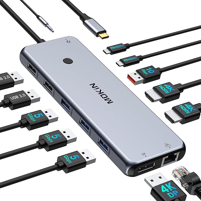 USB C Docking Station Laptop Hub Dual Monitor Multiport Adapter Dock DongleUSB C to 2 HDMIDisplayPortPD ChargingEthernet7 USB A/C 3.1/3.0/2.0 PortsAudio