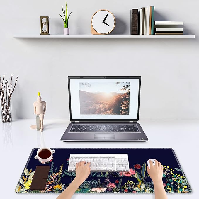 DINKY Keyboard Mouse Pad Set Large Gaming Mousepad + Memory Foam Ergonomic Keyboard Wrist Rest Support Easy Typing Pain Relief 4Pcs (35.4 x 15.7) Extended Desk Mat-Flower Weed