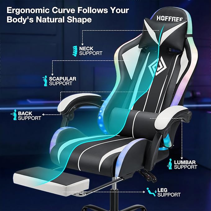 HOFFREE Gaming Chair Massage with LED RGB Lights and Footrest Ergonomic Computer Chair High Back Video Game Chair with Adjustable Lumbar Support Linkage Armrest White and Black