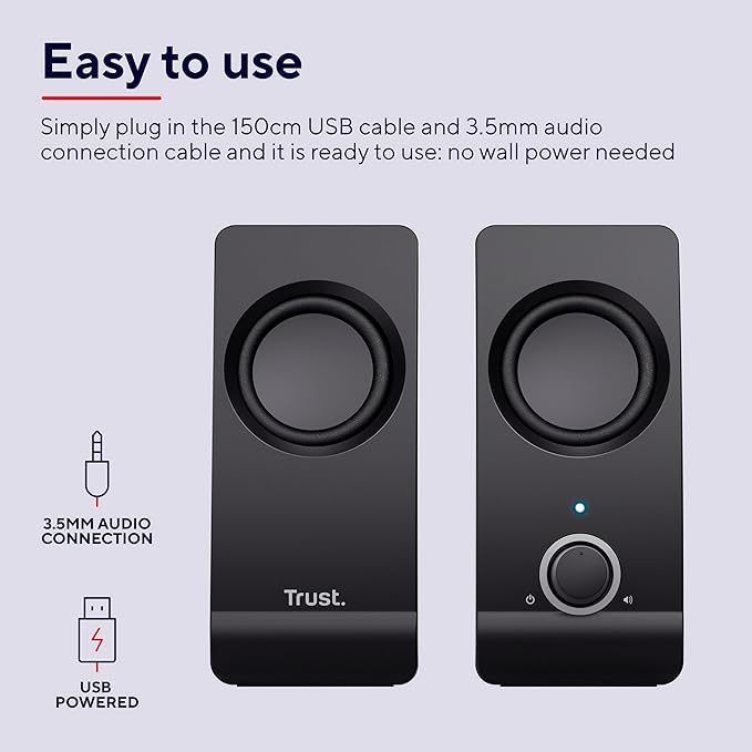 Trust Remo 2.0 PC Speakers 16W (8W RMS) USB Powered Jack 3.5mm Stereo Speaker Set with Volume Control Compact Sound System for Computer and Laptop - Black