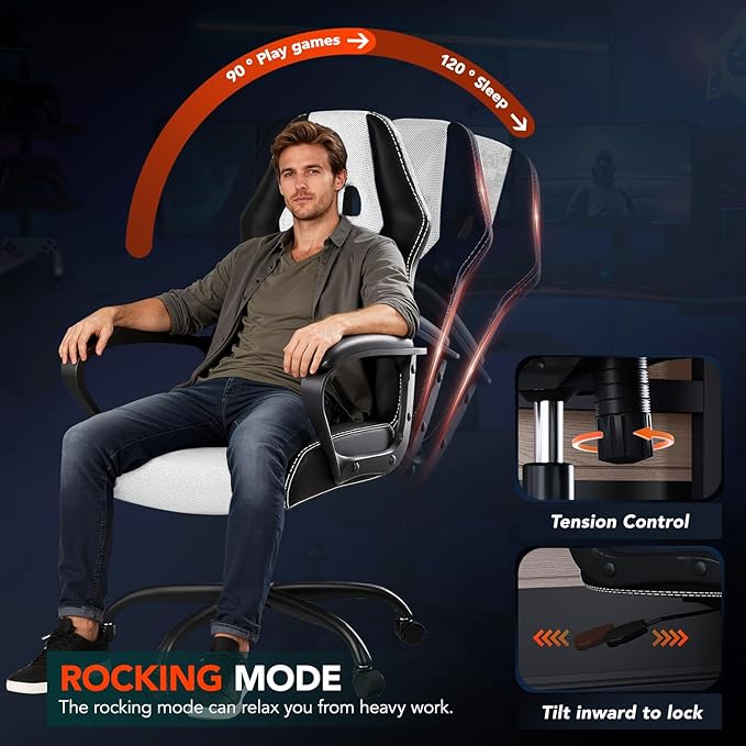 BestOffice Gaming Chair with Massage Ergonomic Office Desk Chair Adjustable Lumbar Support &amp HeadrestComputer Task Chair 360° Swivel for Adults (White)