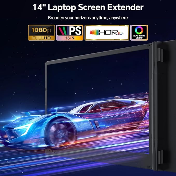 Laptop Screen Extender 14'' FHD 1080P IPS Portable Monitor for Laptop Triple Screen Extender Monitor Plug-Play for Mac/Windows/Chrome Fit 13”-17.3” Laptops