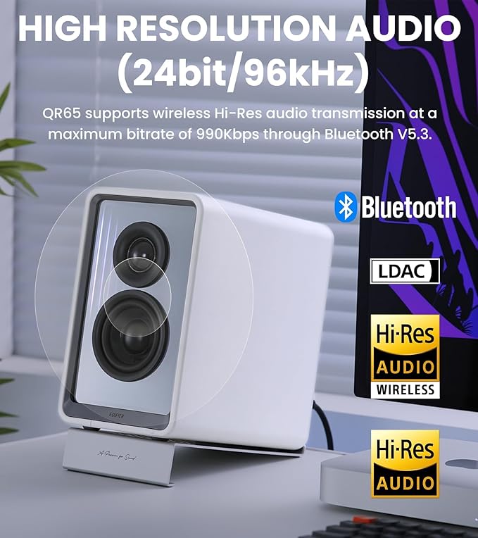 Edifier QR65 Desktop Active Monitor with 2.75 Long-Throw Aluminum Diaphragm mid-Low Drivers Hi-Res Audio Brilliant Light Effects 70W Output Power Bluetooth Speakers with Stands - White