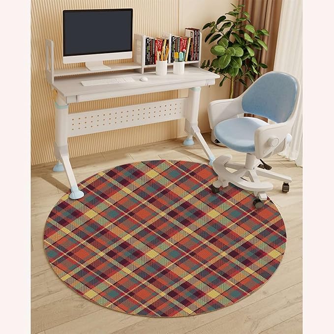 Multicolor PU Leather Desk Chair Mat for Hard Floors Geometrical Crossed Stripes Plaid Computer Gaming Rolling Chair Mat Under Desk Low-Pile Rug Checkered Diameter 47.2 in