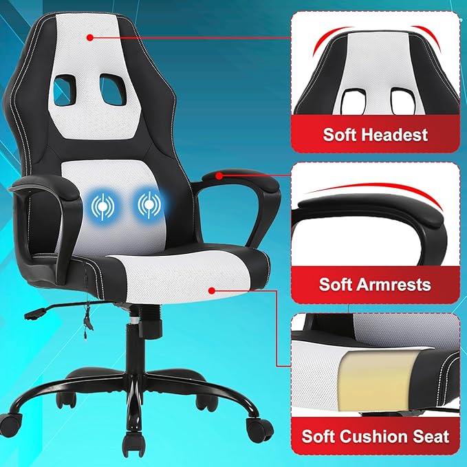 Gaming Chair with Massage Function PU Leather Chairs Ergonomic Office Chair Executive Computer Chairs High Back Computer Task with Lumbar Support Adjustable Height White
