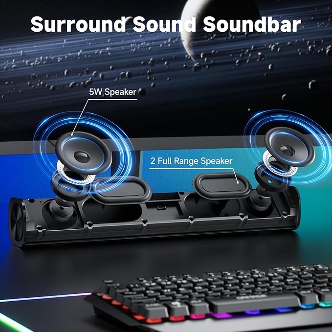 SOULION R100 Bluetooth Computer Speakers with Dynamic LED Light USB Plug &amp Play PC Speakers with Switch Button Clearly Sound Soundbar for Desktop Laptop Monitor(USB-C to USB Adapter Included)