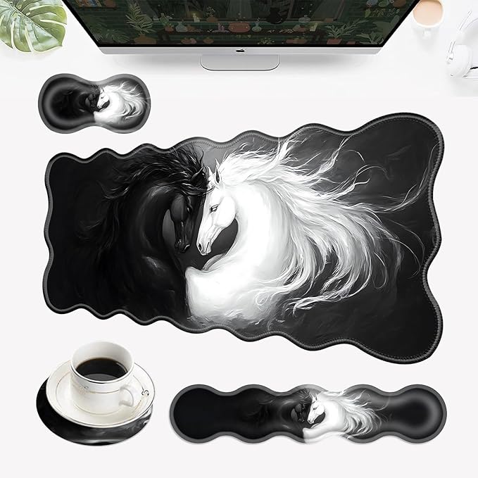 Desk Mat Mouse Pad with Wrist Rest 4-in-1 Large Mouse Pads for Desk Ergonomic Mouse Pad and Keyboard Wrist Rest Gaming Keyboard Mat for OfficeWhite and Black Horse