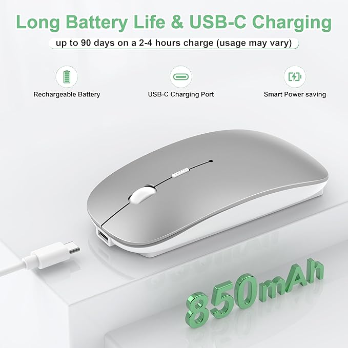 Wireless Mouse for Laptop/MacBook Air/Pro &amp iPad Mouse Jiggler Mode Bluetooth 5.2/2.4G Rechargeable Silent Click 3-Level DPI Slim Portable USB-A&ampC Receiver (Mouse Jiggler Mode Silver)