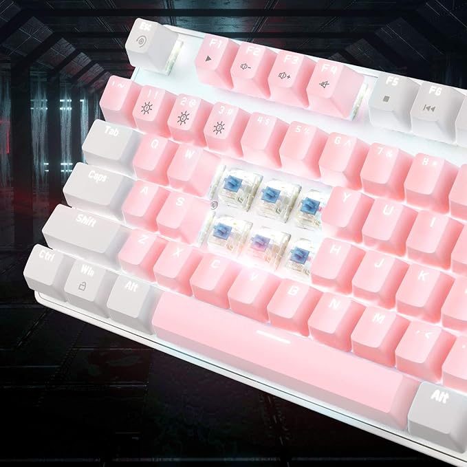 MageGee Mechanical Gaming Keyboard New Upgraded Blue Switch 104 Keys White Backlit Keyboards USB Wired Mechanical Computer Keyboard for Laptop Desktop PC Gamers(White &amp Pink)