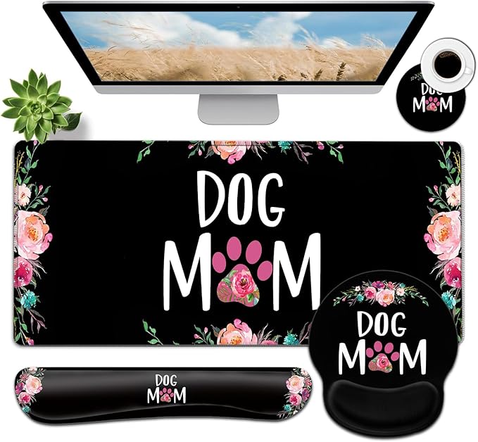 Large Mouse Pad Ergonomic Mouse Pad with Wrist Rest and Keyboard Wrist Rest 4 in 1 Set 31.5 x11.8 inch Extended Desk Pad for Home Office Cute Dog Mom Floral Pattern XXL Black Gaming Mouse Mat