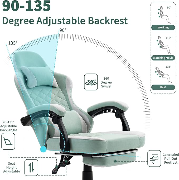 Gaming Chair with Footrest for Adults - Ergonomic Gaming Chairs with Foot Rest - Big and Tall Computer Game Chair - Fabric Reclining Video Game Chairs with Spring Cushion - Green/Light Grey