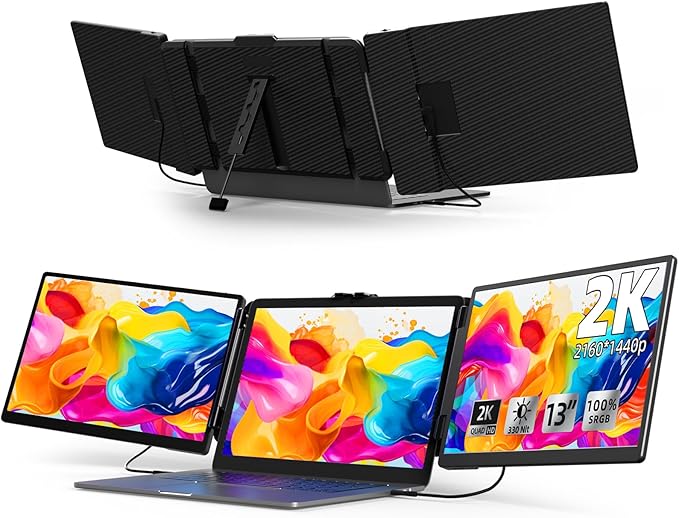 2K Laptop Screen Extender - 13 IPS 1440P Triple Screen Laptop Monitor Extender Plug &amp Play Multi Screen Attachment for 13-17 Laptops Compatible with Wins Mac Dex Chrome Travel Gaming Work