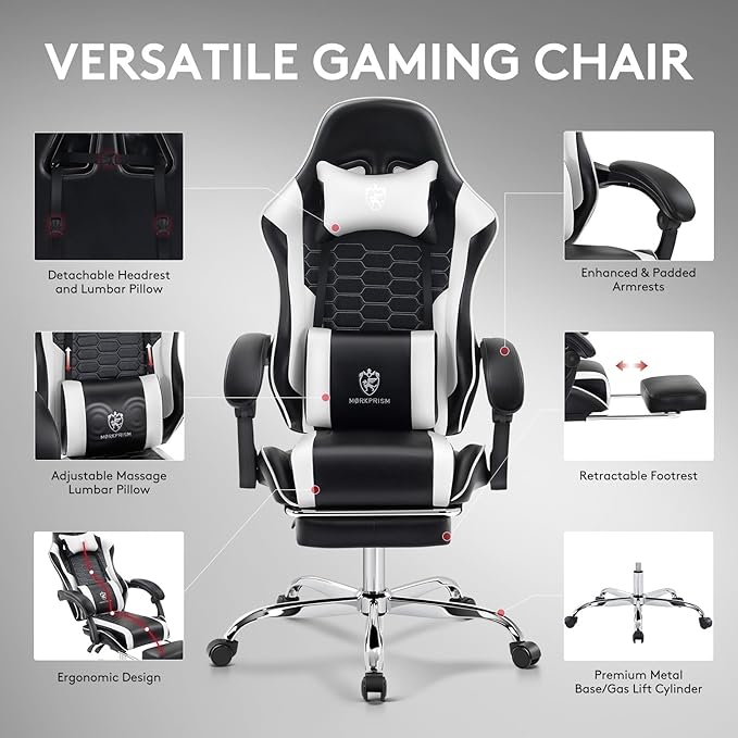 Gaming ChairComputer Office Chair with FootrestMassage Lumbar Support and Gel PadErgonomic Reclining Adjustable Leather Gamer Chair with Headrest and Spring Cushion Black White