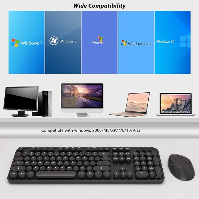 Wireless Keyboard and Mouse KOOTOP Cute Black Keyboard and Mouse 2.4G Wireless Keyboard with Retro Round Keycap for PC Mac LaptopTabletComputer Windows (Black)