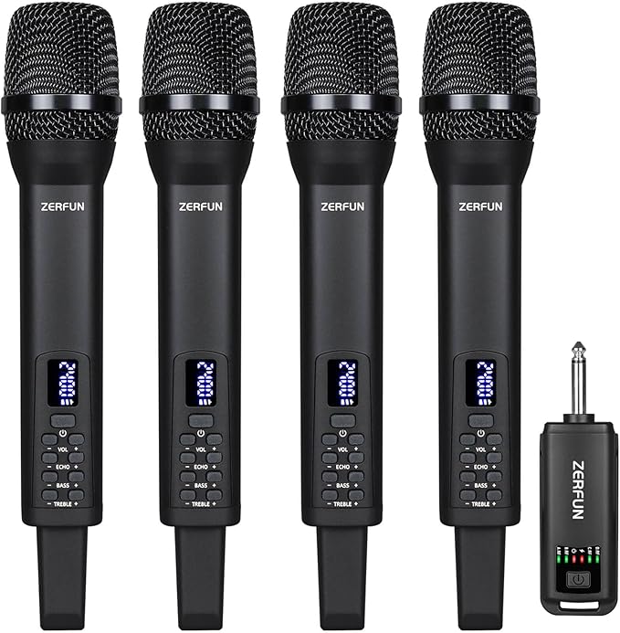 Rechargeable Wireless Microphones 4 Pro Handheld Cordless Mics System Dynamic with Echo Treble BASS VOL Control for Karaoke Singing Church Party 1/4'' Output D240 Black