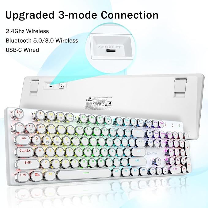 Redragon K710 Wireless Typewriter Mechanical Gaming Keyboard Bluetooth/2.4Ghz/Wired RGB LED Backlit Blue Switch - Clicky Rechargeable Solid Metal Panel Round Keycaps White
