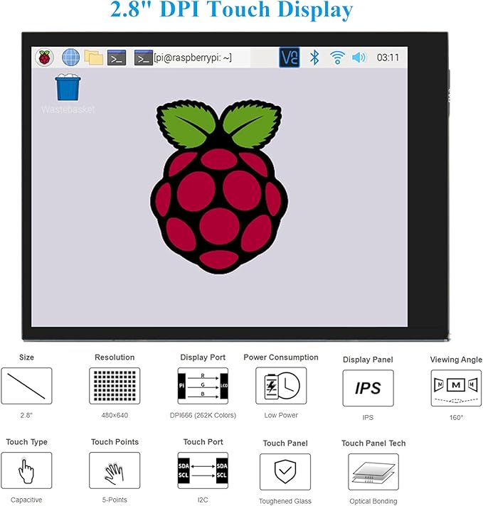 2.8inch DPI LCD Screen Compatible with Raspberry Pi 5/4B/3B+/3B/3A+/Pi Zero/Zero W/WH/Zero 2W 480x640 Resolution IPS Display 5-Points Capacitive Touch Control Optical Bonding Toughened Glass Cover