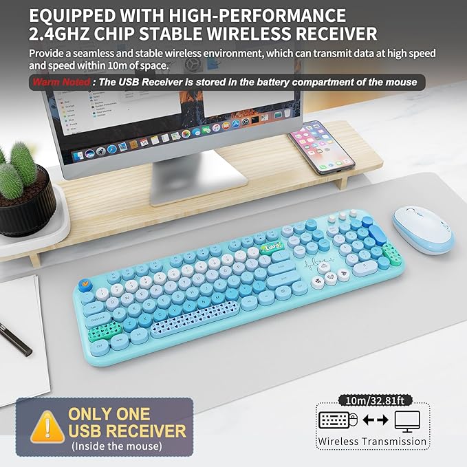 FOPETT Wireless Keyboard and Mouse Combo - 2.4G Full-Sized Cute Colorful Retro Keyboard with Round Keycaps 104 Keys Typewriter Keyboard for Laptop/Windows/PC-Blue Colorful