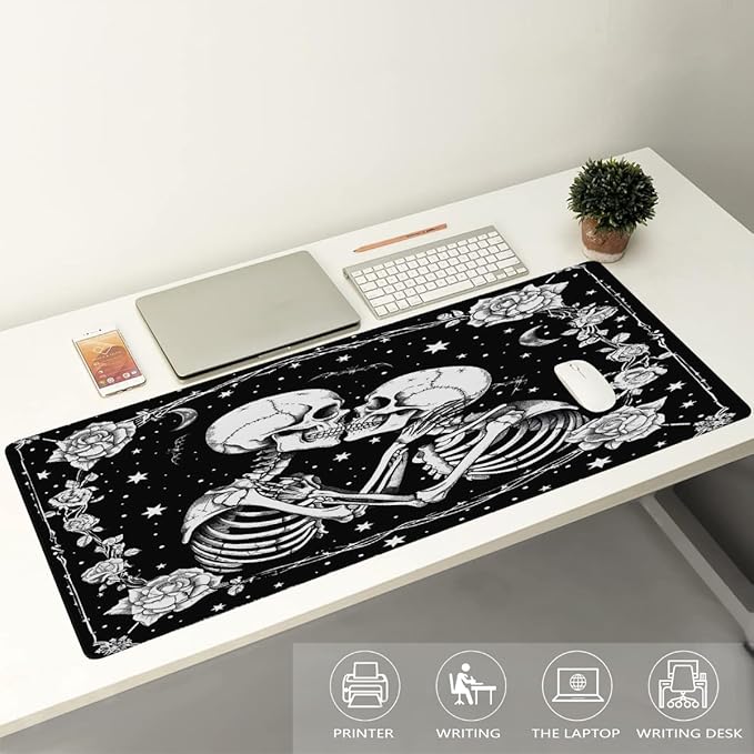 Large Black Romantic Skull Mouse Mat Computer Mousepad with Non-Slip Rubber Base Waterproof Mouse Pad Desktop Keyboard Pad for GamerHome School Laptop Office Accessories16x35.5in