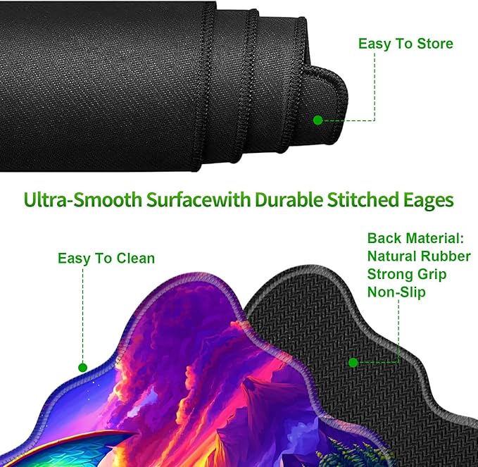 3-Piece Ergonomic Desk Mat &amp Cloud Wrist Rest Set Large 31.5 x 11.8 Wave Office Desk Pad with Memory Foam Support Non-Slip Computer Protector for Home Gaming &amp Writing Purple Dragon