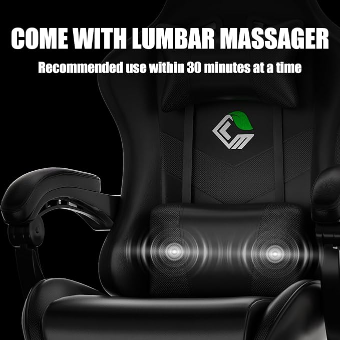 Gaming Chair Ergonomic Office Computer Chair with Footrest and Lumbar Support Massager Racing Style High Back Video Gamer Chair Wide＆Thick Cushion 90°-135° Recline Adjustable Height Black