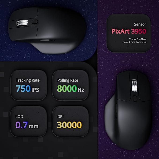 Keychron M6 8000 Hz Wireless Bluetooth 2.4 GHz/Wired Connection Mouse Lightweight Body Programmable PixArt 3950 Sensor for Windows Mac Linux - Black