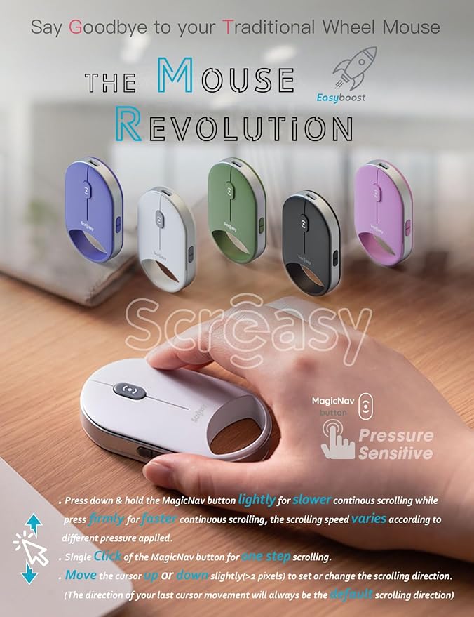 SCROEASY---The Mouse Revolution Simply Press to Scroll | Small &amp Slim | 4-Levels DPI | 4-L Scrolling Speed | Silent | Dual Bluetooth/2.4G/USB | Portable Wireless Mice for Notebook Laptop PC (Wh