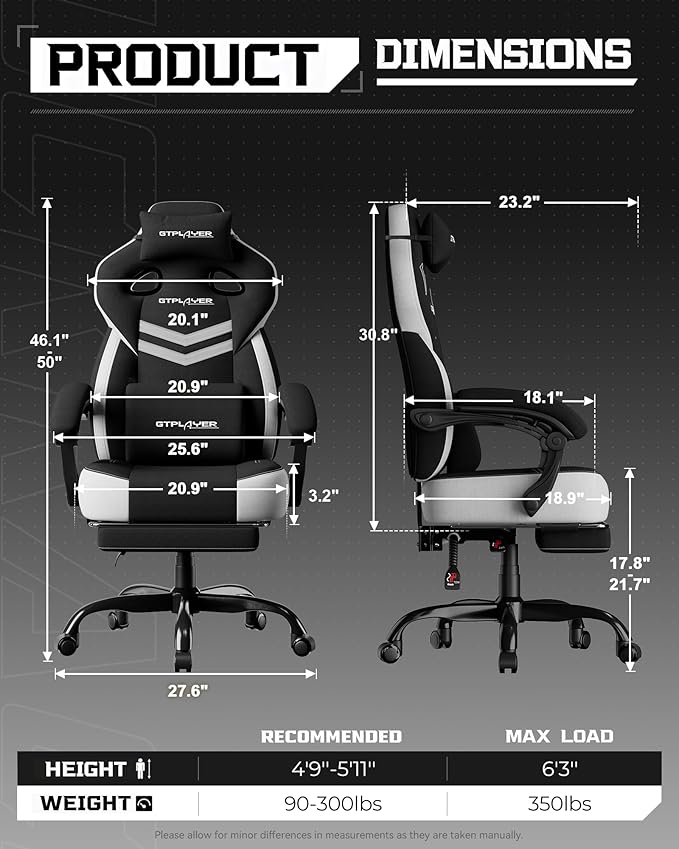 GTPLAYER Gaming Chair Computer Chair with Footrest and Lumbar Support for Adults 360°-Swivel Big &amp Tall Reclining Seat for Office or Gaming (Black&ampWhite)