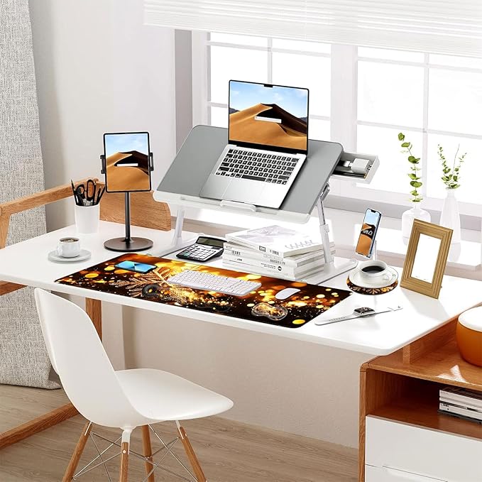 Keyboard Mouse Pad Set Extended Gaming Mouse Pad+Ergonomics Keyboard Wrist Rest Support Memory Foam Easy Typing Pain Relief 4Pcs XL Ultra Thick Desk MatGolden Snowflake Sparkling