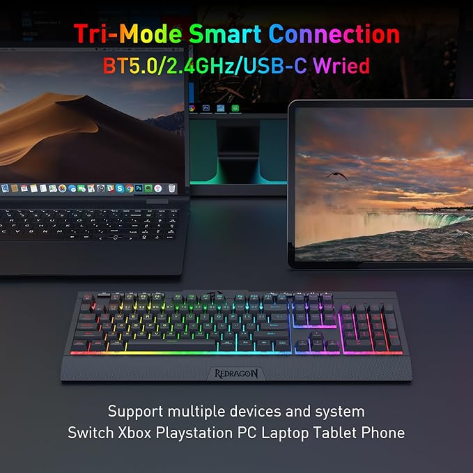 Redragon K525 PRO RGB 3-Mode Wireless Membrane Gaming Keyboard with Multimedia Keys Linear Mechanical-Feel Switch 4 Extra On-Board Macro Keys Dedicated Media Control Ergonomic Wrist Rest