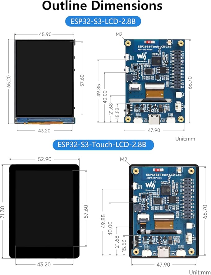 ESP32-S3 2.8inch Display Development Board ESP32 with 2.8inch IPS LCD 480x640 Resolution 32-bit LX7 Dual-Core Processor SPI + RGB Interface Supports WiFi &amp Bluetooth