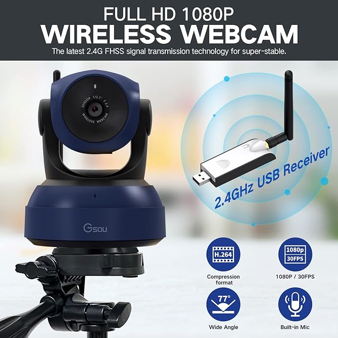 Gsou Wireless Webcam1080P HD Video Calling and Streaming CameraPlug and PlayAdjustable Field of Angle Computer Camera for PC/Mac/Laptop/MacBookWorks with ZoomMeetsSkypeTeams(with Tripod Stand)
