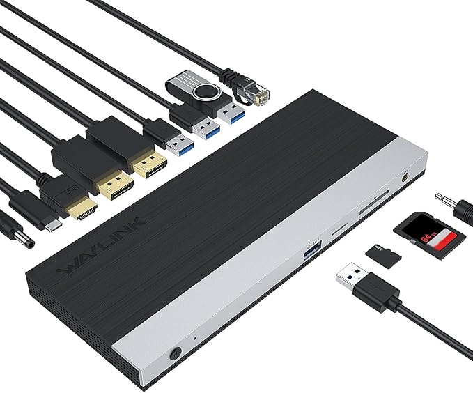 WAVLINK USB C Docking Station13-in-1 Triple Display Type C Adapter for MacBook ProDell XPS 13/15HPLenovo Yoga(2 DisplayPortHDMIEthernet4 USB 3.0SD/TF Card ReaderPhone JackDC Jack)