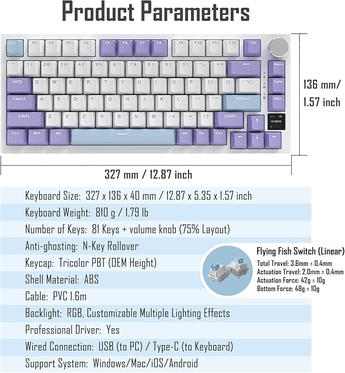 AJAZZ AK820 Pro 75% Gasket RGB Wireless Mechanical Keyboard with TFT Screen Volume knob Bluetooth/2.4G/Wired 3-Modes Compact 82 Hot-Swap Keys Tricolor PBT Keycap 4000 mAh (Purple&ampBlue 3-Modes