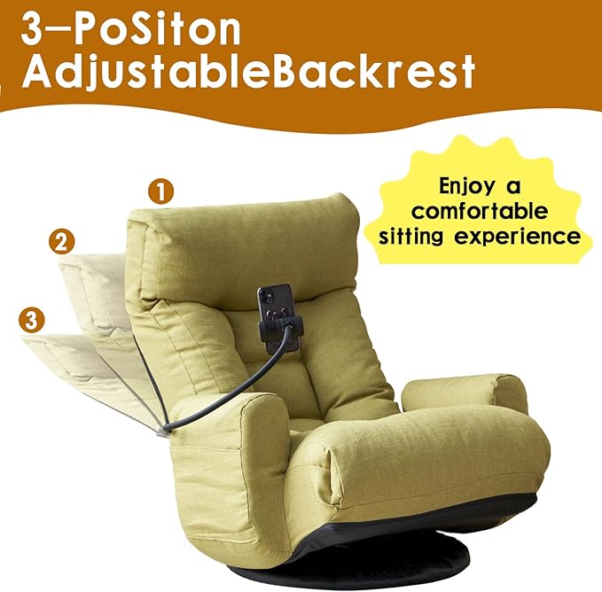 Swivel Gaming Chair Adjustable Head and Waist Floor Gaming Rocker with Armrests &amp Side Pocket &amp Phone Holder Lazy Lounger Couch for E-Sports Reading Relaxing Watching TV (Green)