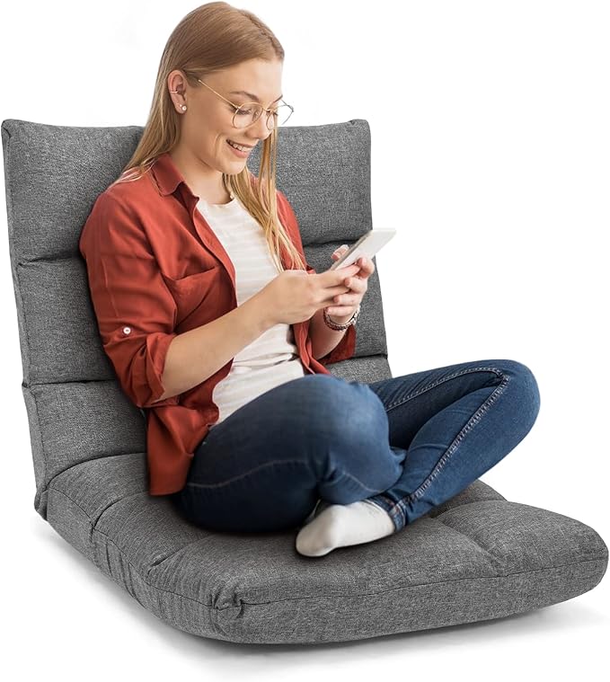 MAT EXPERT 14-Position Floor Chair Floor Gaming Chair w/Resilience Sponge Alloy Steel Frame Padded Bed Couch Recliner Floor Chair with Back Support for Reading Meditating (Gray)