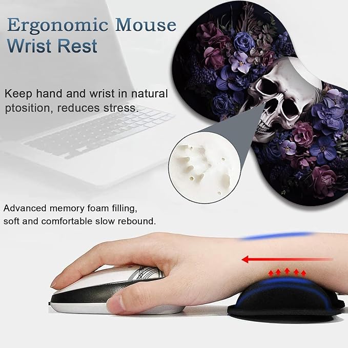 Large Gaming Mouse Pad + Wrist Rest + Lace Coaster Non-Slip Set with Sewn Edges and Waterproof Expandable Desktop Pad Suitable for Office/Home Skull Purple Flower