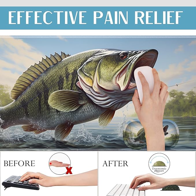 Mouse Pad Set Large Gaming Mouse Pad (31.5X 11.8 inches)+ Wrist Rest Pad + Coaster Ergonomic Wrist pad Home Office Desk Accessories Decor Supplies Large Mouth Bass Fish