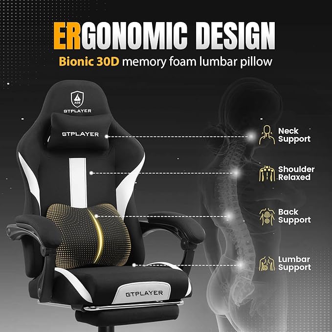GTPLAYER Gaming Chair with Foot Rest &amp Pocket Spring Cushion Ergonomic High Back Computer Desk Chair with Headrest &amp Lumbar Support for Back Pain Relief Breathable Fabric Black