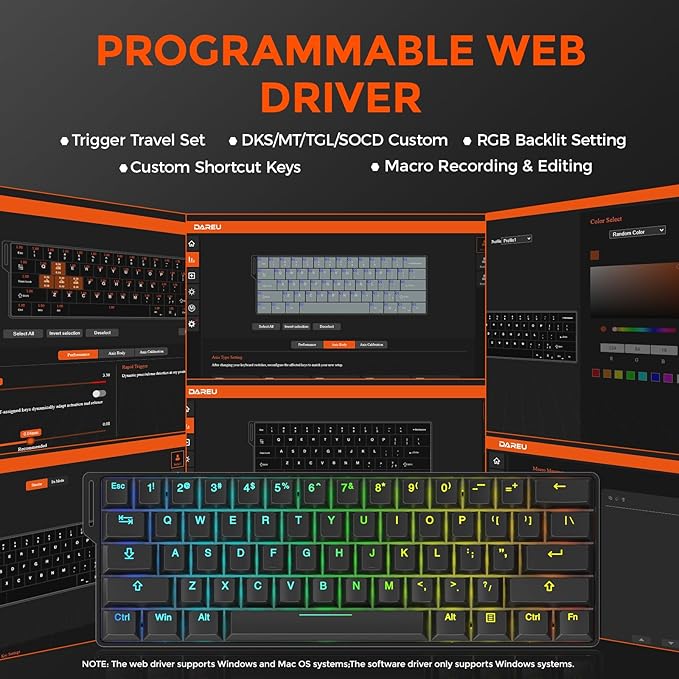 DAREU EK60 HE Rapid Trigger Gaming Keyboard Wired 0.01mm RT Accuracy Adjustable Hall Effect Magnetic Switch Hot Swappable SOCD 8000Hz Polling RGB Backlit 60% Compact Design for Laptop/PC